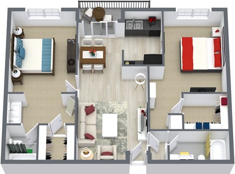 Floor plan for 2 beds, 2 baths, 982 sqft